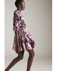 Karen Millen - Butterfly Print Cotton Poplin Ruffle Mini Woven Dress - Lyst