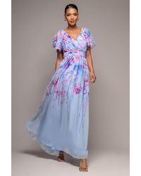 Goddiva - Printed Silky Chiffon Flutter Sleeve Maxi Dress - Lyst