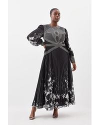 Karen Millen - Plus Size Embellished Long Sleeve Pleated Woven Midi Dress - Lyst