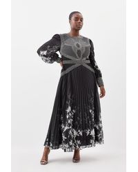 KarenMillen - Plus Size Embellished Long Sleeve Pleated Woven Midi Dress - Lyst
