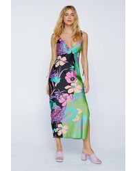Nasty Gal - Color Block Floral Placement Strappy Satin Midi Dress - Lyst