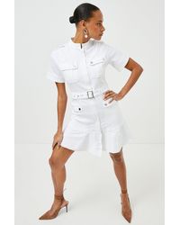 Karen Millen - Short Sleeve Ruffle Hem Belted Pocket Mini Denim Dress - Lyst