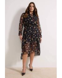 WOVCOR - Floral Print Sheer Sleeve High-Low Midi Dress W/ Tie Neck - Lyst