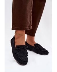 Love Lace - Flat Suede Moccasins With Fringe & Bow Detail Shoes Slip On - Lyst