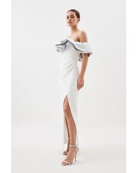Karen Millen - Petite Structured Crepe Jacquard Ruffle Bardot Maxi Dress - Lyst