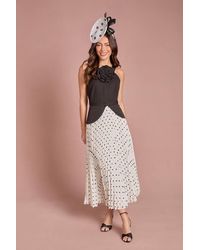 Coast - Petite Lisa Tan Corsage Peplum Detail Spot Print Pleated Midi Dress - Lyst