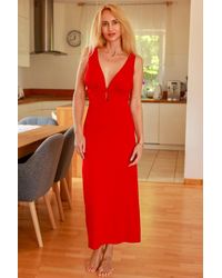 Love Lace - Long V Neck Ruching Viscose Summer Dress - Lyst