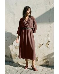 WOVCOR - Belted A-Line Wrap Collar Batwing Sleeve Midi Dress - Lyst