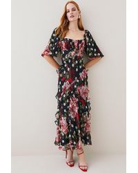 Karen Millen - Petite Spot Floral Chiffon Square Neck Ruffle Maxi Dress - Lyst