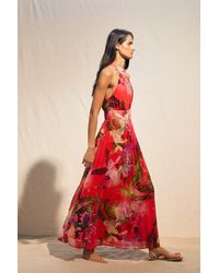 Karen Millen - Red Floral Georgette Belted Pleated Midi Dress - Lyst