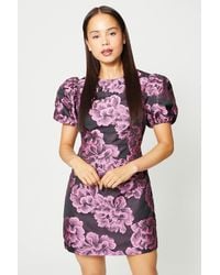 Oasis - Petite Pink Floral Jacquard Puff Sleeve Mini Dress - Lyst