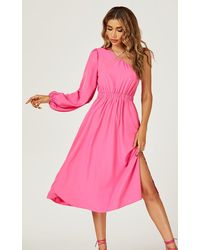 FS Collection - One Shoulder Split Leg Midi Dress In Pink - Lyst