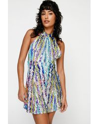 Nasty Gal - Stripe Sequin Halterneck Mini Dress - Lyst