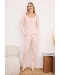 WOVCOR - Ditsy Floral Lace Trim Scoop Neck Long Sleeve Ribbed Pyjama Set - Lyst