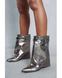 MissPap - Metallic Fold Over Padlock Knee High Boots - Lyst