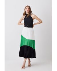 Karen Millen - Tall Colour Block Pleated Halter Neck Woven Midi Dress - Lyst