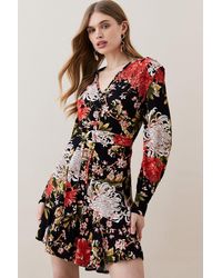 Karen Millen - Petite Floral Printed Wrap Woven Mini Dress - Lyst