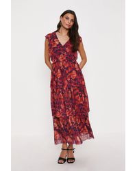 Oasis - Burnout Floral Plisse Frill Sleeve Detail Tiered Midi Dress - Lyst