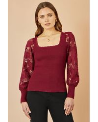 Yumi' - Ribbed Knitted Top With Lace Sleeves - Lyst