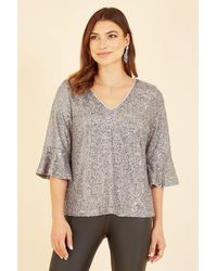 Yumi' - Silver Sequin Top With Fluted Sleeve - Lyst
