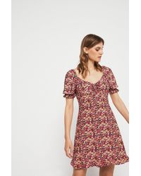 Warehouse - Printed Gathered Front Puff Sleeve Mini Dress - Lyst