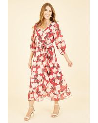 Yumi' - Red Blossom Wrap Midi Dress With 3/4 Sleeves - Lyst