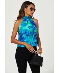 FS Collection - Abstract Floral Print Halter Neck Tie Back Top - Lyst
