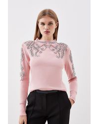 Karen Millen - Viscose Blend Embellished Long Sleeve Knit Jumper - Lyst