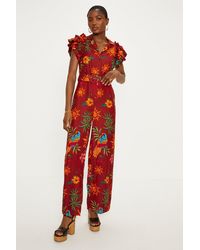 Oasis - Linen Mix Parrot Print Ruffle Sleeve Jumpsuit - Lyst