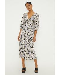 Dorothy Perkins - Large Pastel Floral Ruched Front Shirred Cuff Midi Dress - Lyst