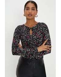 Dorothy Perkins - Abstract Keyhole Ruched Front Puff Sleeve Jersey Crinkle Top - Lyst
