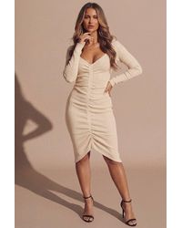 Femme Luxe - Ribbed V Neck Ruched Long Sleeve Bodycon Midi Dress- Karen - Lyst
