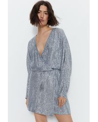Warehouse - Sequin Wrap Long Sleeve Mini Dress - Lyst