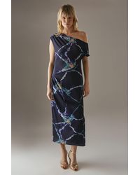 Warehouse - Crinkle Satin Fallen Shoulder Knot Side Midi Dress - Lyst