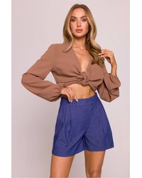 Love Lace - High Waisted Cotton Pleated Shorts With Pockets - Lyst