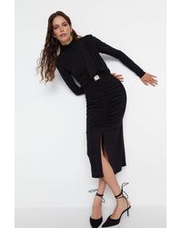 WOVCOR - Ruched Detail Long Sleeve High Neck Midi Dress W/ Side Split - Lyst
