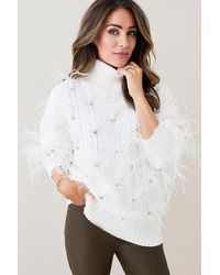 Karen Millen - Lydia Millen Feather Embellished Chunky Cable Knit Jumper - Lyst