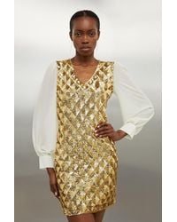 Karen Millen - Viscose Blend Embellished Sheer Sleeve Knit Dress - Lyst