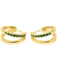 Harfi - Emerald May Birthstone Double Hoop Small Huggie Plated Earrings - Lyst