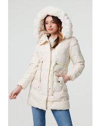 Izabel London - Faux Fur Hooded Tie Waist Puffer Jacket - Lyst