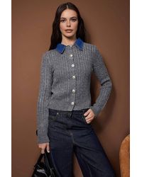 WOVCOR - Cable Knit Button Front Cardigan W/ Denim Collar Detail - Lyst