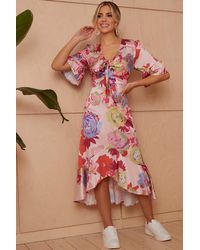 Chi Chi London - Short Sleeve Tie Front Floral Midi Dress - Lyst