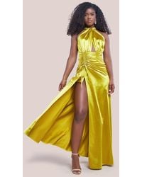 Goddiva - Halter Neck Front Split Satin Maxi Dress - Lyst
