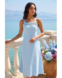 Roman - Linen Blend Lace Trim Midi Dress - Lyst