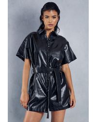 MissPap - Leather Look Drop Shoulder Belted Shirt Dress - Lyst