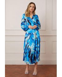Wallis - Tall Feather Print Satin Wrap Midi Dress - Lyst