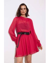 WOVCOR - Shawl Neck Belted Long Sleeve Skater Mini Dress - Lyst