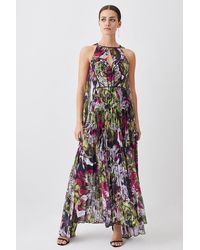 Karen Millen - Petite Corset Detail Floral Pleated Halter Woven Maxi Dress - Lyst