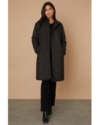 Wallis - Black Drawcord Waist Hooded Quilted Coat - Lyst