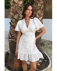 AX Paris - Floral Broderie V Neck Frill Hem Mini Dress - Lyst